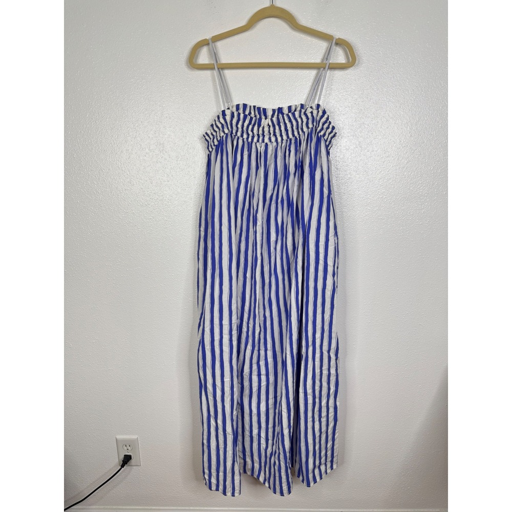 Madewell Blue White Striped Cotton Smocked Midi Dress Pockets NR102 Womens Large